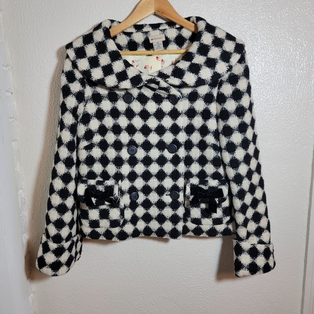 y2k Anthro Elevenses Virgin Wool Diamond Check Velvet Accent Pea Coat sz 10